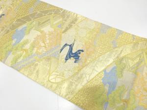 川島織物製　本金箔　熨斗に屋敷風景・草花模様織り出し　袋帯